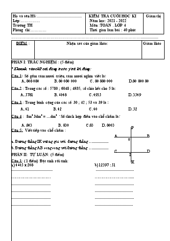 Kiểm tra cuối học kì 1 Toán Lớp 4 - Năm học 2021-2022 (Có hướng dẫn chấm)