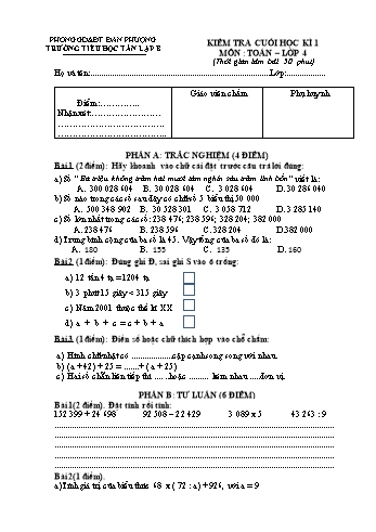 Kiểm tra cuối học kì 1 Toán Lớp 4 - Trường Tiểu học Tân Lập B