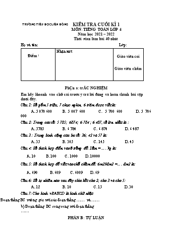 Kiểm tra cuối kì 1 Toán Lớp 4 - Năm học 2021-2022 - Trường Tiểu học Liên Hồng (Có hướng dẫn chấm)