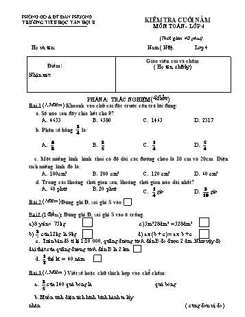 Kiểm tra cuối năm Toán Lớp 4 - Trường Tiểu học Tân Hội B