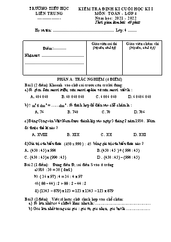 Kiểm tra định kì cuối học kì 1 Toán Lớp 4 - Năm học 2021-2022 - Trường Tiểu học Liên Trung