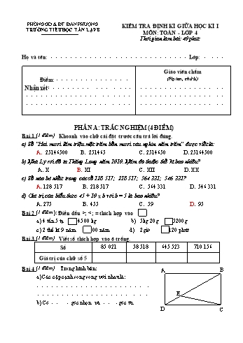 Kiểm tra định kì giữa học kì 1 Toán Lớp 4 - Trường Tiểu học Tân Lập B
