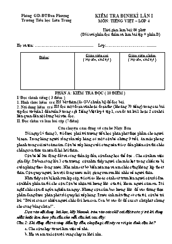 Kiểm tra định kì Tiếng Việt Lớp 4 (Lần 1) - Trường Tiểu học Liên Trung