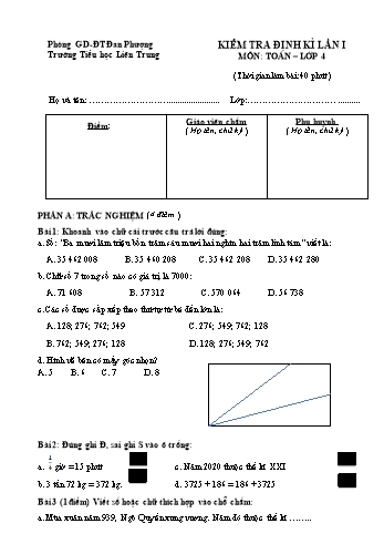 Kiểm tra định kì Toán Lớp 4 (Lần 1) - Trường Tiểu học Liên Trung