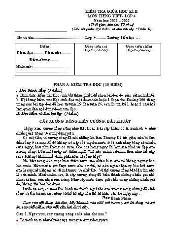 Kiểm tra giữa học kì 2 Tiếng Việt Lớp 4 - Năm học 2021-2022 (Có đáp án và biểu điểm)