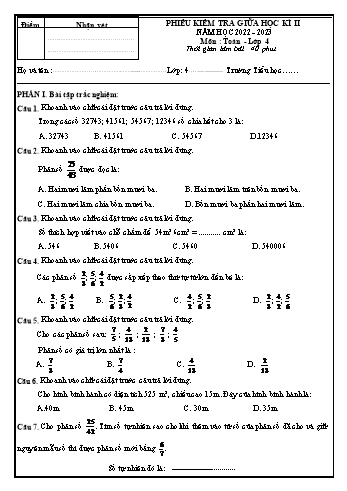 Phiếu kiểm tra giữa học kì 2 môn Toán Lớp 4 - Năm học 2022-2023 (Có đáp án)