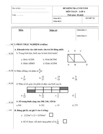 Đề kiểm tra cuối năm Toán Lớp 4 - Đề 12