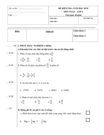 Đề kiểm tra định kì cuối học kì Toán Lớp 4 - Đề 11