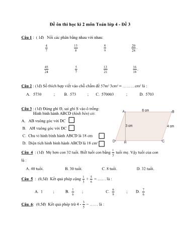 Đề ôn thi học kì 2 Toán Lớp 4 - Đề 3