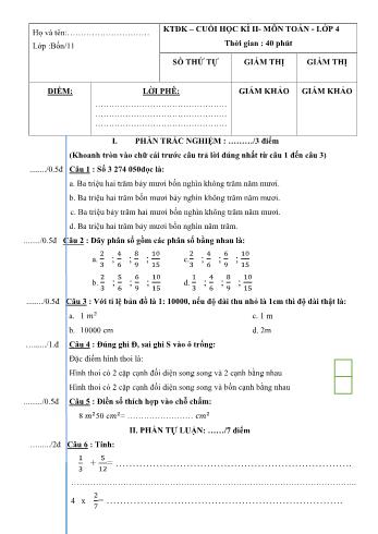 Kiểm tra định kì cuối học kì 2 Toán Lớp 4 - Đề 15