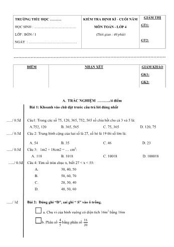 Kiểm tra định kì cuối năm Toán Lớp 4 - Đề 6