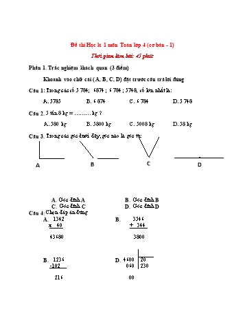 10 Đề thi học kì 1 môn Toán Lớp 4 (Cơ bản+Nâng cao)