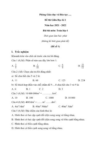 15 Đề thi giữa học kì 1 Toán Lớp 4 - Năm học 2021-2022
