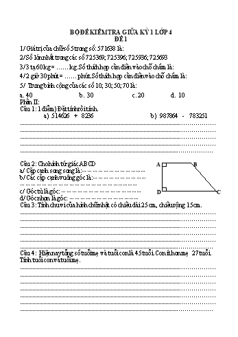 8 Đề kiểm tra giữa kì 1 Toán Lớp 4