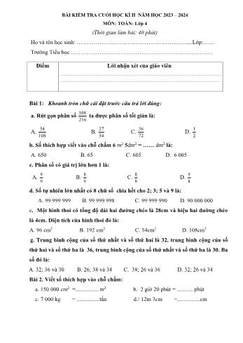 Bài kiểm tra cuối học kì 2 Toán Lớp 4 - Năm học 2023-2024 (Có ma trận và hướng dẫn chấm)