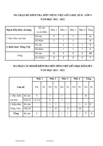 Bài kiểm tra giữa học kì 2 Tiếng Việt Lớp 4 - Năm học 2021-2022 - Trường Tiểu học Phú Lâm (Có ma trận và đáp án)