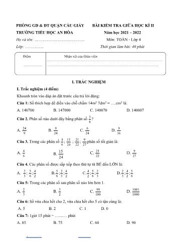 Bài kiểm tra giữa học kì 2 Toán Lớp 4 - Năm học 2021-2022 - Trường Tiểu học An Hòa