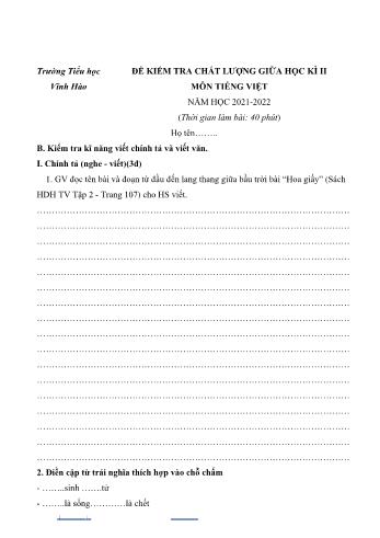 Đề kiểm tra chất lượng giữa học kì 2 Tiếng Việt Lớp 4 - Năm học 2021-2022 - Trường Tiểu học Vĩnh Hào