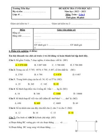 Đề kiểm tra cuối học kì 1 Toán Lớp 4 - Năm học 2022-2023 (Có ma trận và đáp án)
