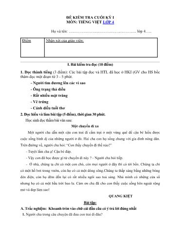 Đề kiểm tra cuối kì 1 Tiếng Việt Lớp 4 (Có đáp án và biểu điểm)