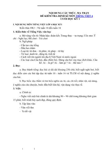 Đề kiểm tra định kì cuối học kì 1 Tiếng Việt Lớp 4 (Có ma trận và hướng dẫn chấm)