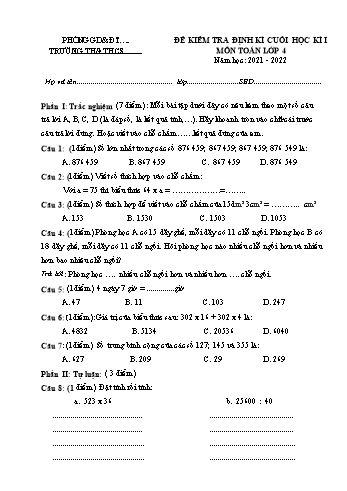Đề kiểm tra định kì cuối học kì 1 Toán Lớp 4 - Năm học 2021-2022 (Có đáp án)