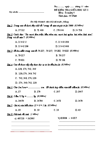 Đề kiểm tra giữa học kì 1 Toán Lớp 4 (Có hướng dẫn chấm)