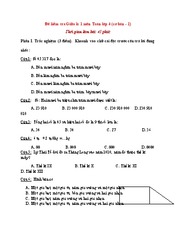Đề kiểm tra giữa kì 1 môn Toán Lớp 4 (Cơ bản) - Đề 1