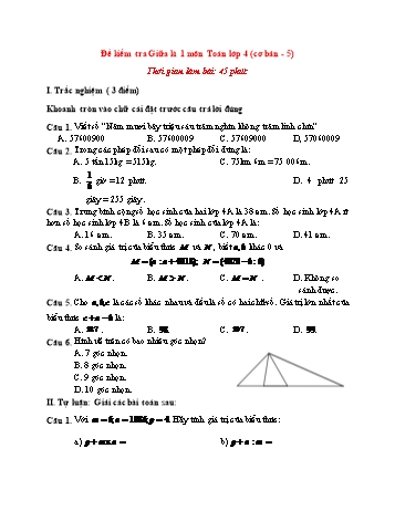 Đề kiểm tra giữa kì 1 môn Toán Lớp 4 (Cơ bản) - Đề 5