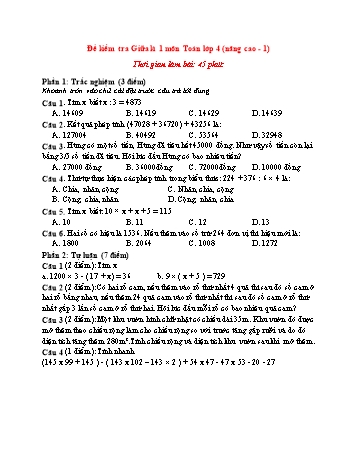 Đề kiểm tra giữa kì 1 môn Toán Lớp 4 (Nâng cao) - Đề 1