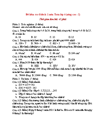 Đề kiểm tra giữa kì 1 môn Toán Lớp 4 (Nâng cao) - Đề 2