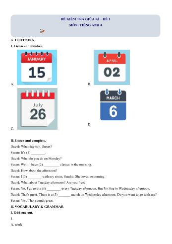 Đề kiểm tra giữa kì 1 Tiếng Anh Lớp 4 - Đề 1 (Có lời giải chi tiết)