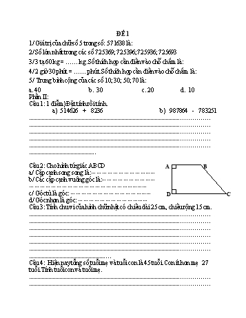 Đề kiểm tra giữa kì 1 Toán Lớp 4 - Đề 1