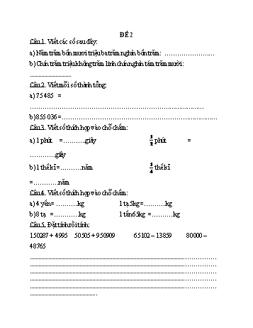 Đề kiểm tra giữa kì 1 Toán Lớp 4 - Đề 2