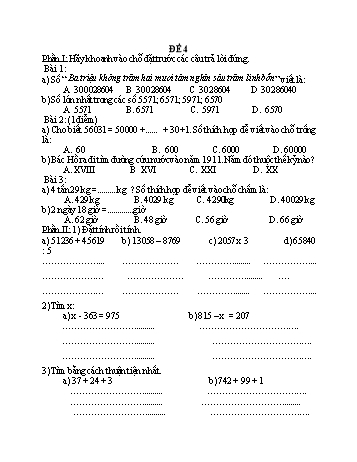 Đề kiểm tra giữa kì 1 Toán Lớp 4 - Đề 4