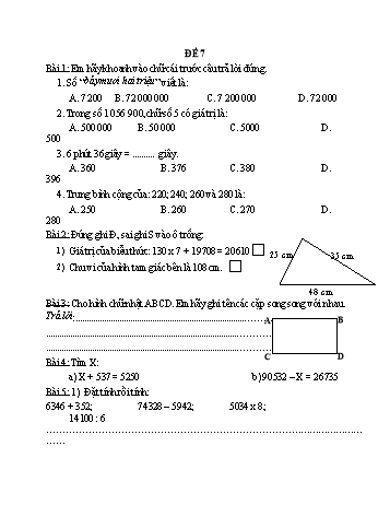Đề kiểm tra giữa kì 1 Toán Lớp 4 - Đề 7