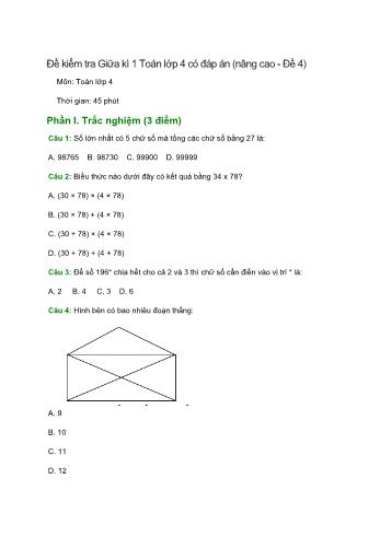 Đề kiểm tra giữa kì 1 Toán Lớp 4 (Nâng cao) - Đề 4 (Có đáp án và thang điểm)