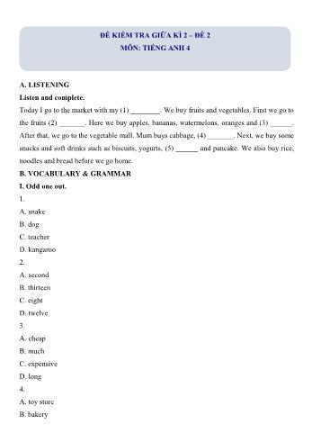 Đề kiểm tra giữa kì 2 Tiếng Anh Lớp 4 - Đề 2 (Có lời giải chi tiết)