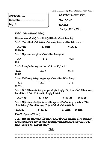 Đề kiểm tra học kì 1 Toán Lớp 4 - Năm học 2021-2022