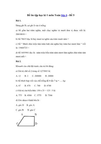 Đề ôn tập học kì 1 Toán Lớp 4 - Đề 5 (Có đáp án và hướng dẫn giải)