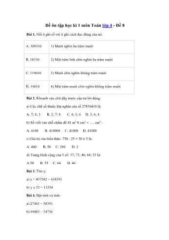 Đề ôn tập học kì 1 Toán Lớp 4 - Đề 8 (Có đáp án và hướng dẫn giải)