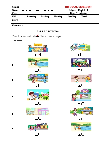 Đề thi cuối học kì 2 Tiếng Anh Lớp 4 - Đề 12 (Có file nghe)