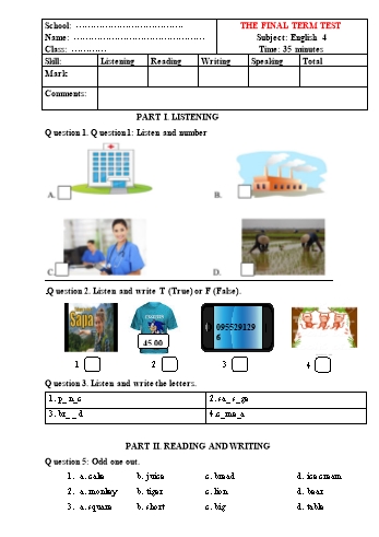 Đề thi cuối học kì 2 Tiếng Anh Lớp 4 - Đề 14 (Có file nghe)