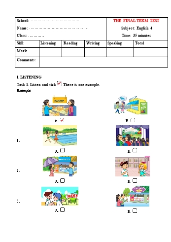 Đề thi cuối học kì 2 Tiếng Anh Lớp 4 - Đề số 4 (Có file nghe và đáp án)