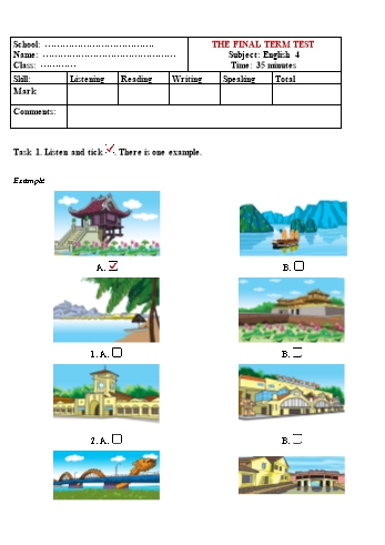 Đề thi cuối học kì 2 Tiếng Anh Lớp 4 - Đề số 6 (Có file nghe và đáp án)