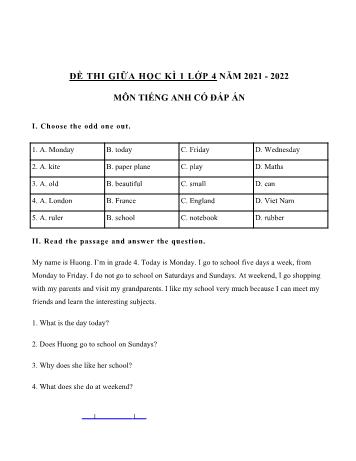 Đề thi giữa học kì 1 Tiếng Anh Lớp 4 - Năm học 2021-2022 (Có đáp án)