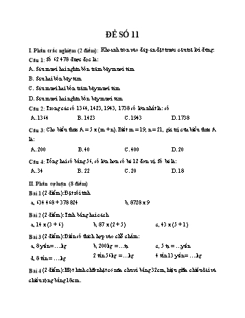 Đề thi giữa kì 1 Toán 4 - Đề số 11