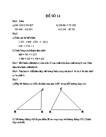 Đề thi giữa kì 1 Toán 4 - Đề số 14