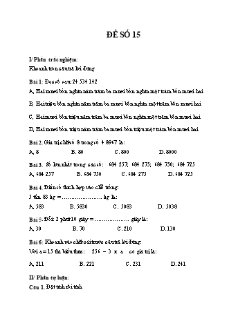 Đề thi giữa kì 1 Toán 4 - Đề số 15