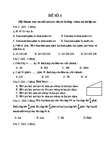 Đề thi giữa kì 1 Toán 4 - Đề số 4